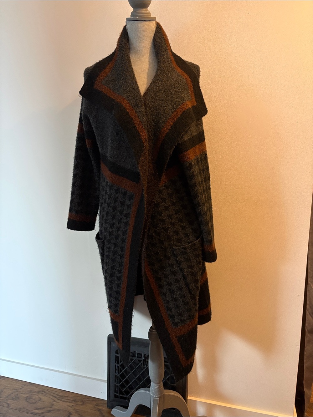 Max Edition Open-Front Long Cardigan in Charcoal with Brown & Black Accents